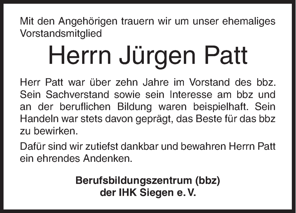  Traueranzeige für Jürgen Patt vom 24.01.2026 aus Siegener Zeitung