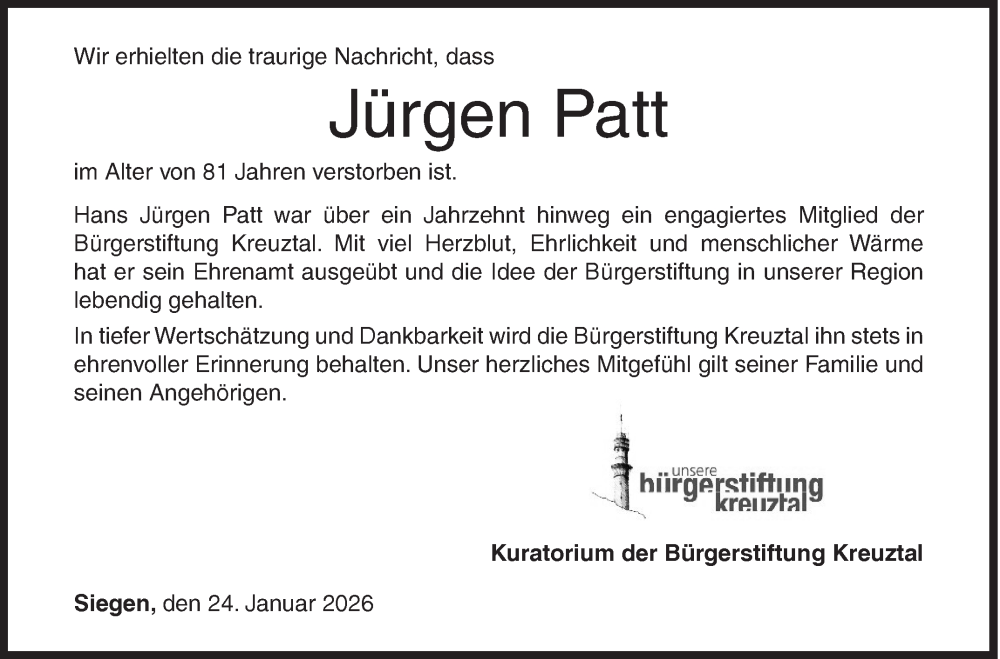  Traueranzeige für Jürgen Patt vom 24.01.2026 aus Siegener Zeitung