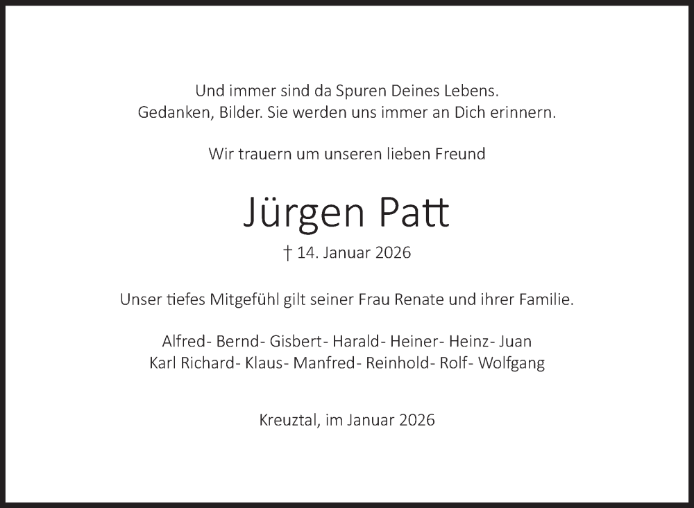  Traueranzeige für Jürgen Patt vom 24.01.2026 aus Siegener Zeitung