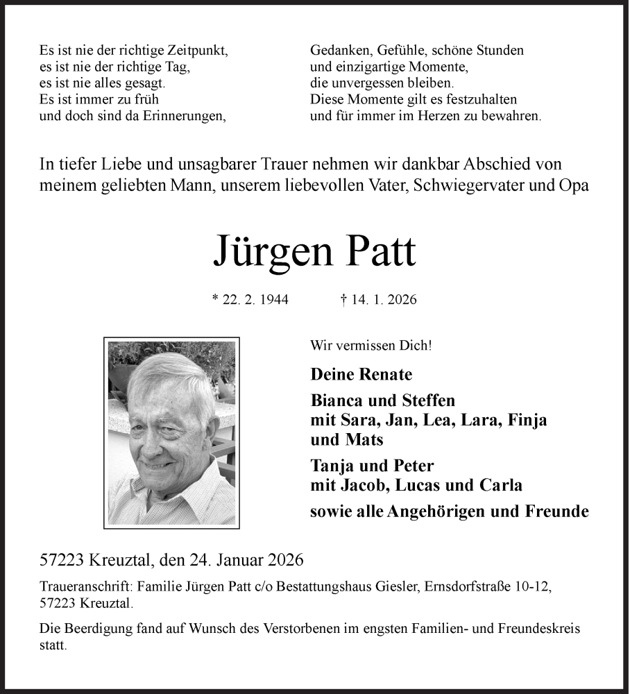  Traueranzeige für Jürgen Patt vom 24.01.2026 aus Siegener Zeitung