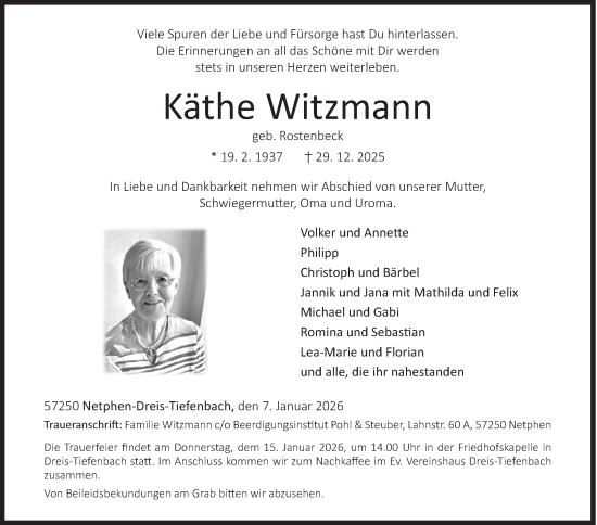 Traueranzeige von Käthe Witzmann von Siegener Zeitung