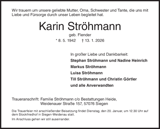 Traueranzeige von Karin Ströhmann von Siegener Zeitung