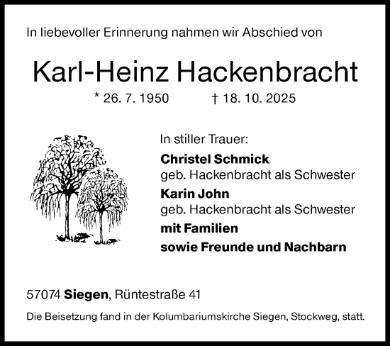 Traueranzeige von Karl-Heinz Hackenbracht von Siegener Zeitung