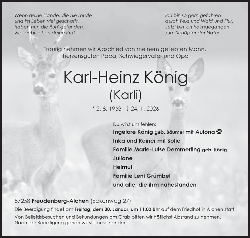  Traueranzeige für Karl-Heinz König vom 27.01.2026 aus Siegener Zeitung