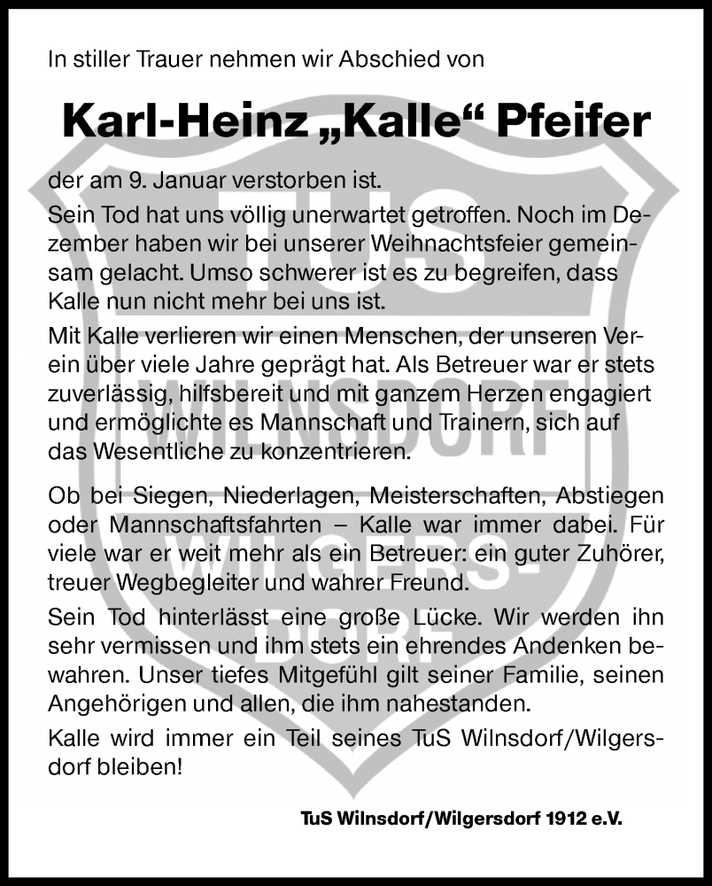  Traueranzeige für Karl-Heinz Pfeifer vom 14.01.2026 aus Siegener Zeitung