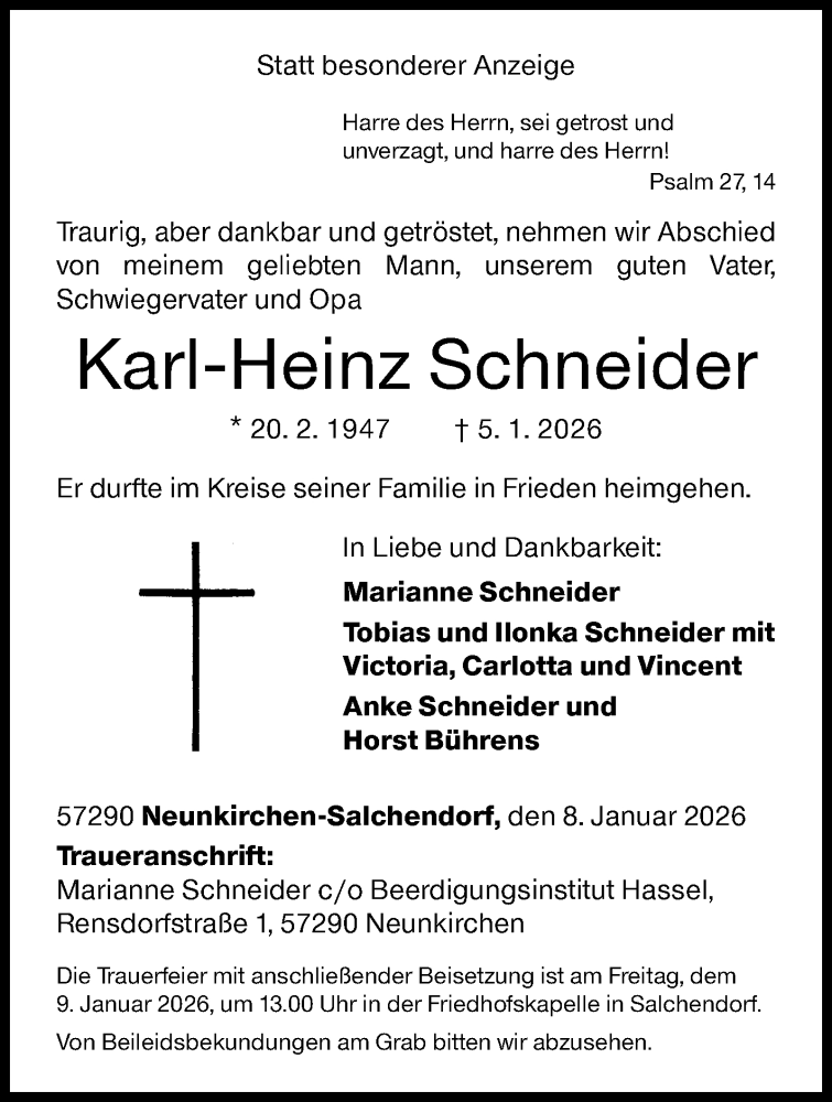  Traueranzeige für Karl-Heinz Schneider vom 08.01.2026 aus Siegener Zeitung