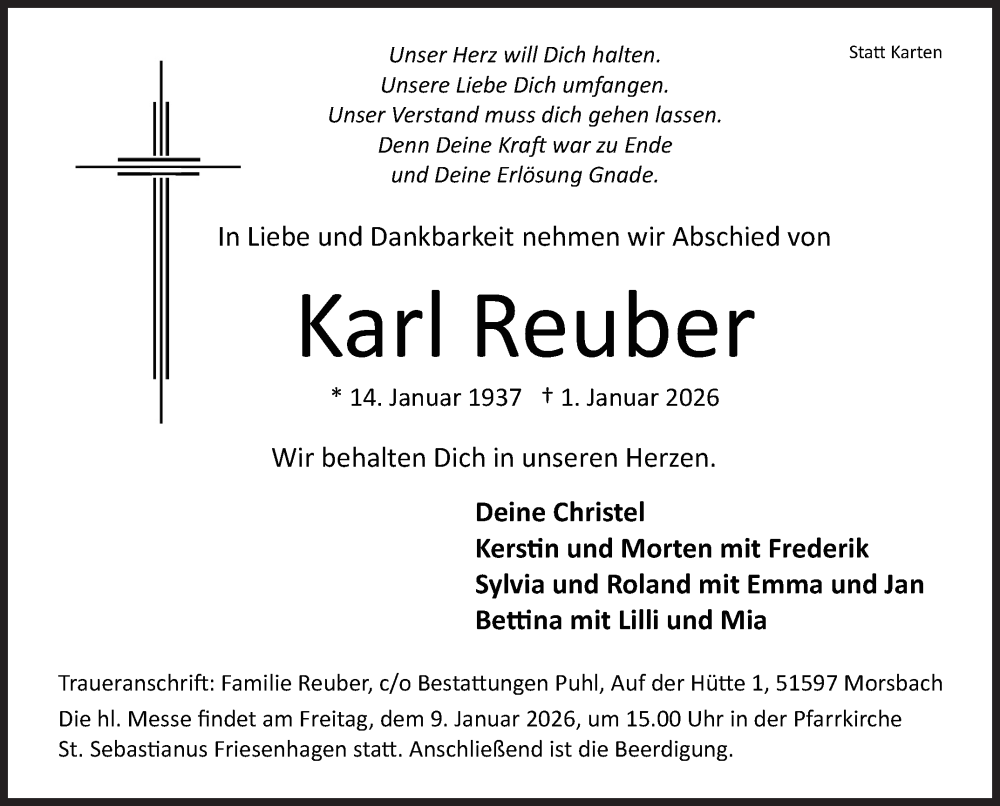  Traueranzeige für Karl Reuber vom 03.01.2026 aus Siegener Zeitung