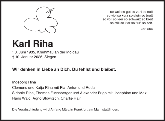 Traueranzeige von Karl Riha von Siegener Zeitung