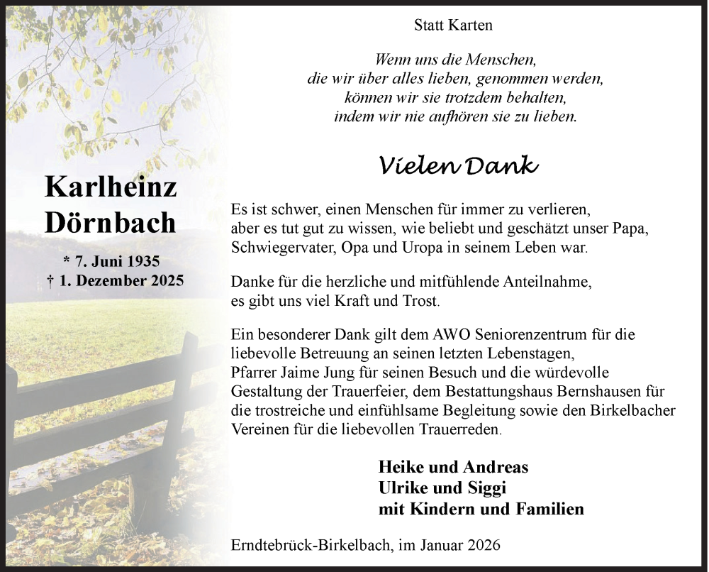  Traueranzeige für Karlheinz Dörnbach vom 24.01.2026 aus Siegener Zeitung