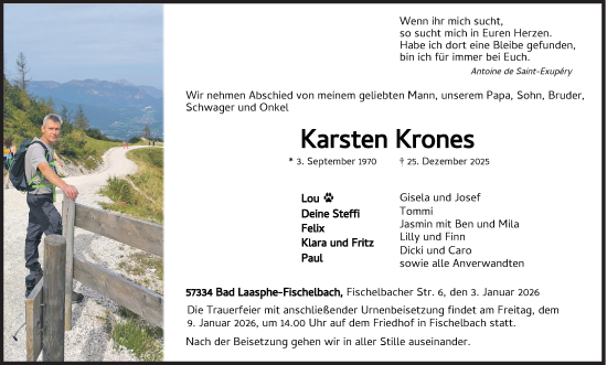 Traueranzeige von Karsten Krones von Siegener Zeitung