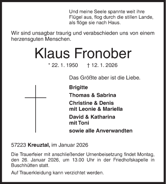 Traueranzeige von Klaus Fronober von Siegener Zeitung