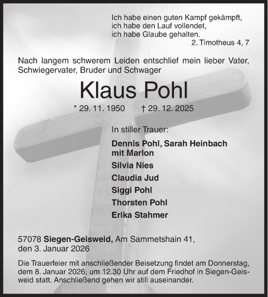 Traueranzeige von Klaus Pohl von Siegener Zeitung