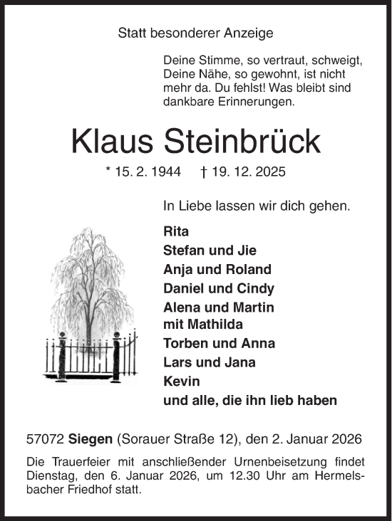 Traueranzeige von Klaus Steinbrück von Siegener Zeitung