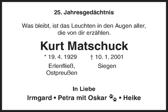 Traueranzeige von Kurt Matschuck von Siegener Zeitung