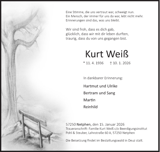 Traueranzeige von Kurt Weiß von Siegener Zeitung