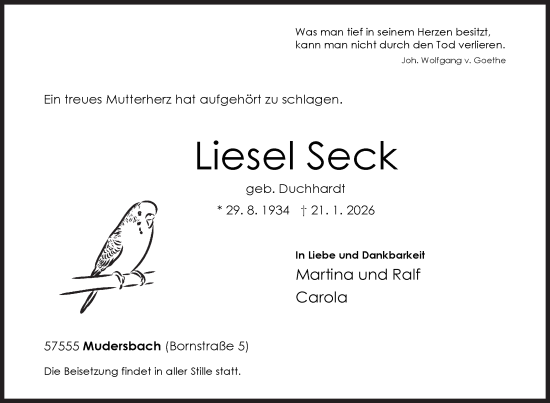 Traueranzeige von Liesel Seck von Siegener Zeitung
