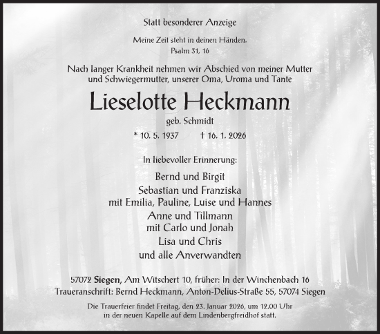 Traueranzeige von Lieselotte Heckmann von Siegener Zeitung