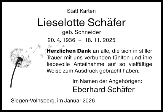 Traueranzeige von Lieselotte Schäfer von Siegener Zeitung