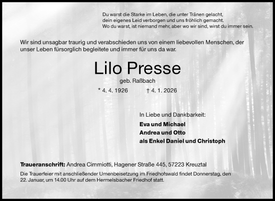 Traueranzeige von Lilo Presse von Siegener Zeitung