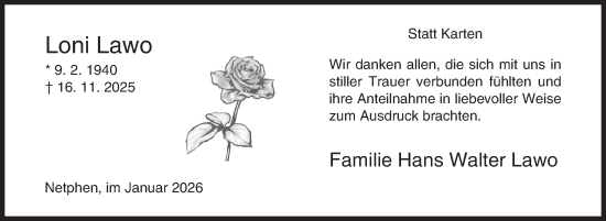 Traueranzeige von Loni Lawo von Siegener Zeitung