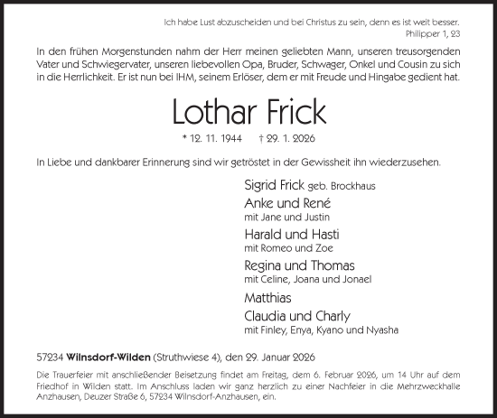 Traueranzeige von Lothar Frick von Siegener Zeitung