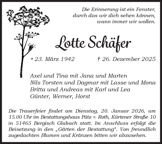 Traueranzeige von Lotte Schäfer von Siegener Zeitung