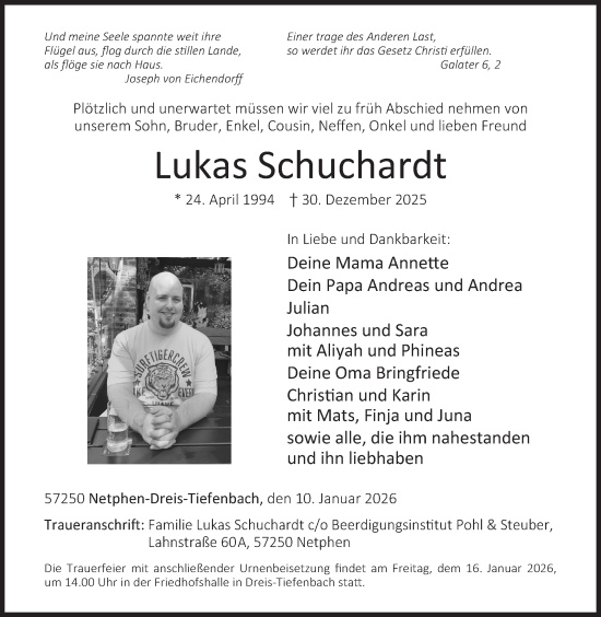 Traueranzeige von Lukas Schuchardt von Siegener Zeitung