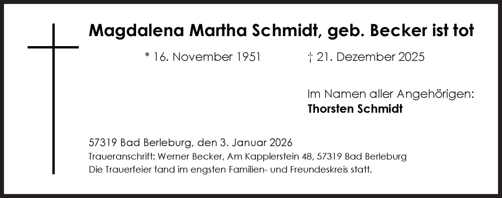  Traueranzeige für Magdalena Martha Schmidt vom 03.01.2026 aus Siegener Zeitung