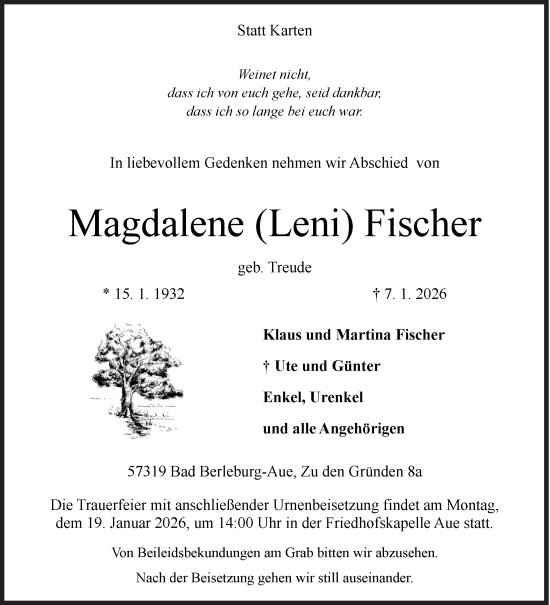 Traueranzeige von Magdalene Fischer von Siegener Zeitung