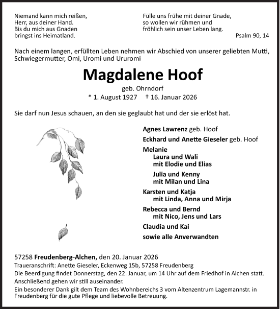 Traueranzeige von Magdalene Hoof von Siegener Zeitung