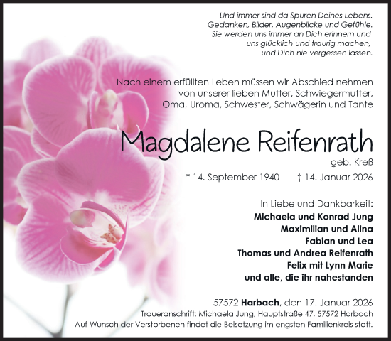 Traueranzeige von Magdalene Reifenrath von Siegener Zeitung