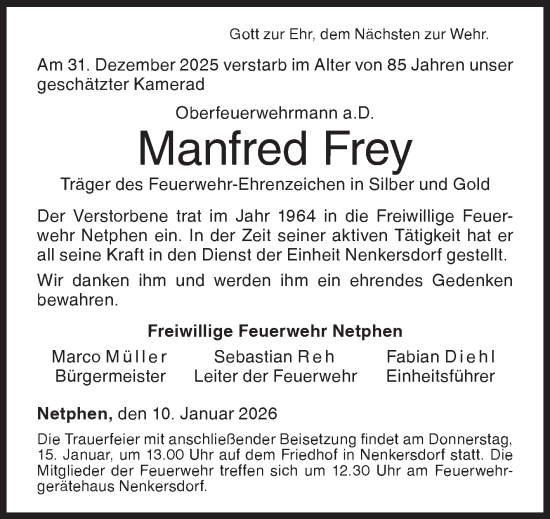 Traueranzeige von Manfred Frey von Siegener Zeitung