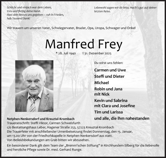 Traueranzeige von Manfred Frey von Siegener Zeitung