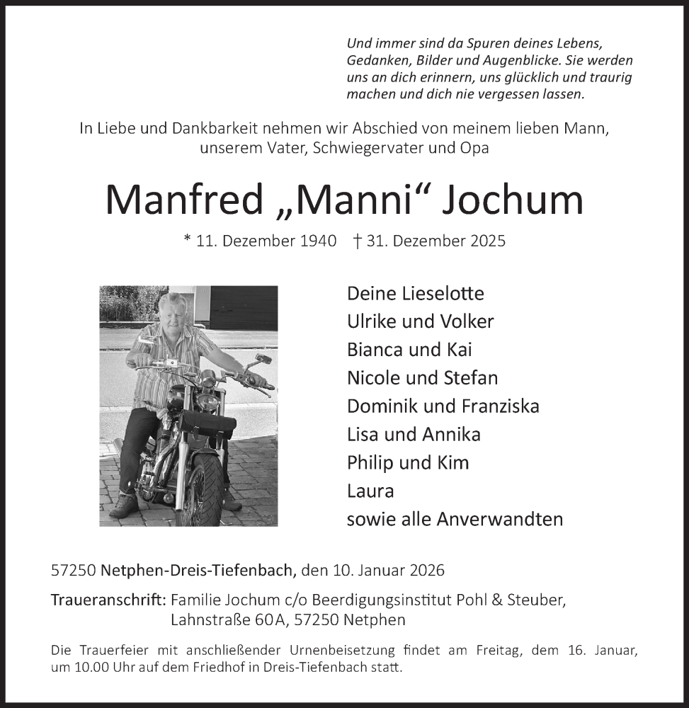  Traueranzeige für Manfred Jochum vom 10.01.2026 aus Siegener Zeitung
