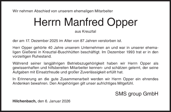 Traueranzeige von Manfred Opper von Siegener Zeitung