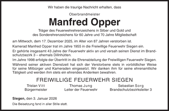 Traueranzeige von Manfred Opper von Siegener Zeitung