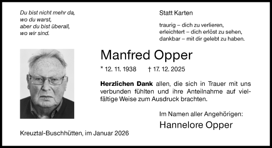 Traueranzeige von Manfred Opper von Siegener Zeitung