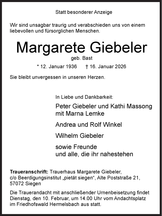 Traueranzeige von Margarete Giebeler von Siegener Zeitung