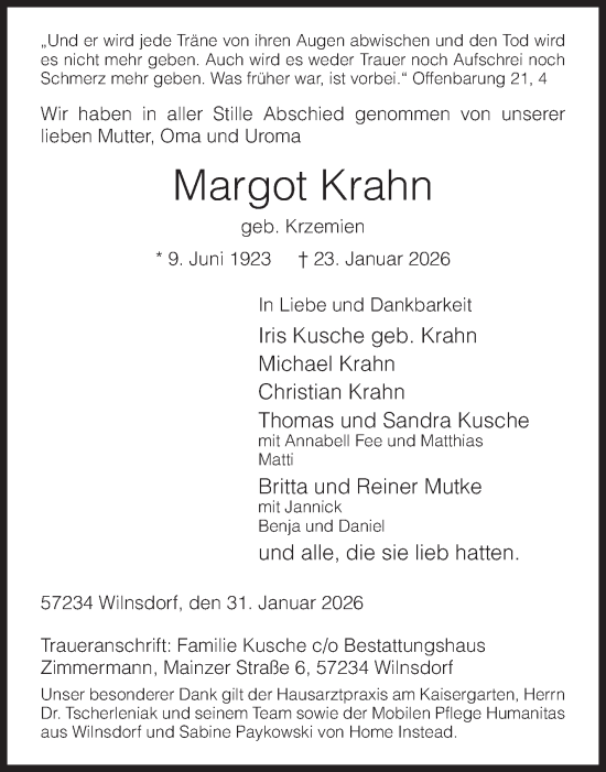 Traueranzeige von Margot Krahn von Siegener Zeitung