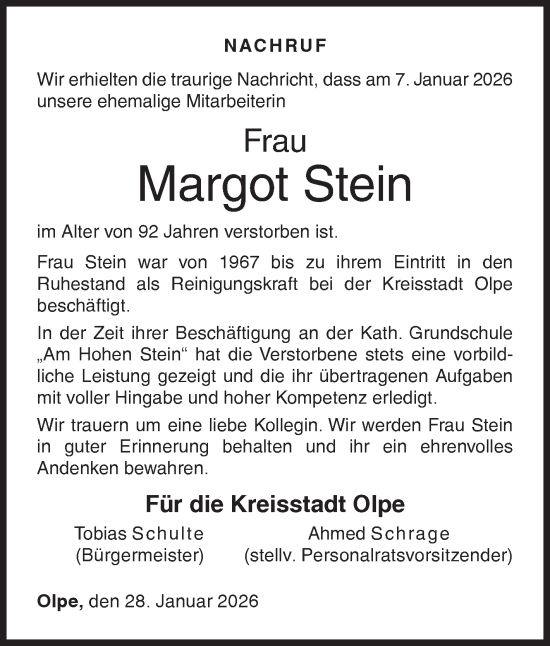 Traueranzeige von Margot Stein von Siegener Zeitung