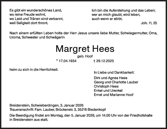 Traueranzeige von Margret Hees von Siegener Zeitung