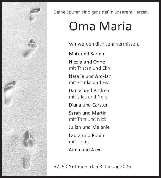 Traueranzeige von Maria  von Siegener Zeitung