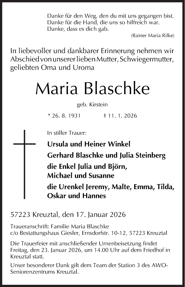  Traueranzeige für Maria Blaschke vom 17.01.2026 aus Siegener Zeitung