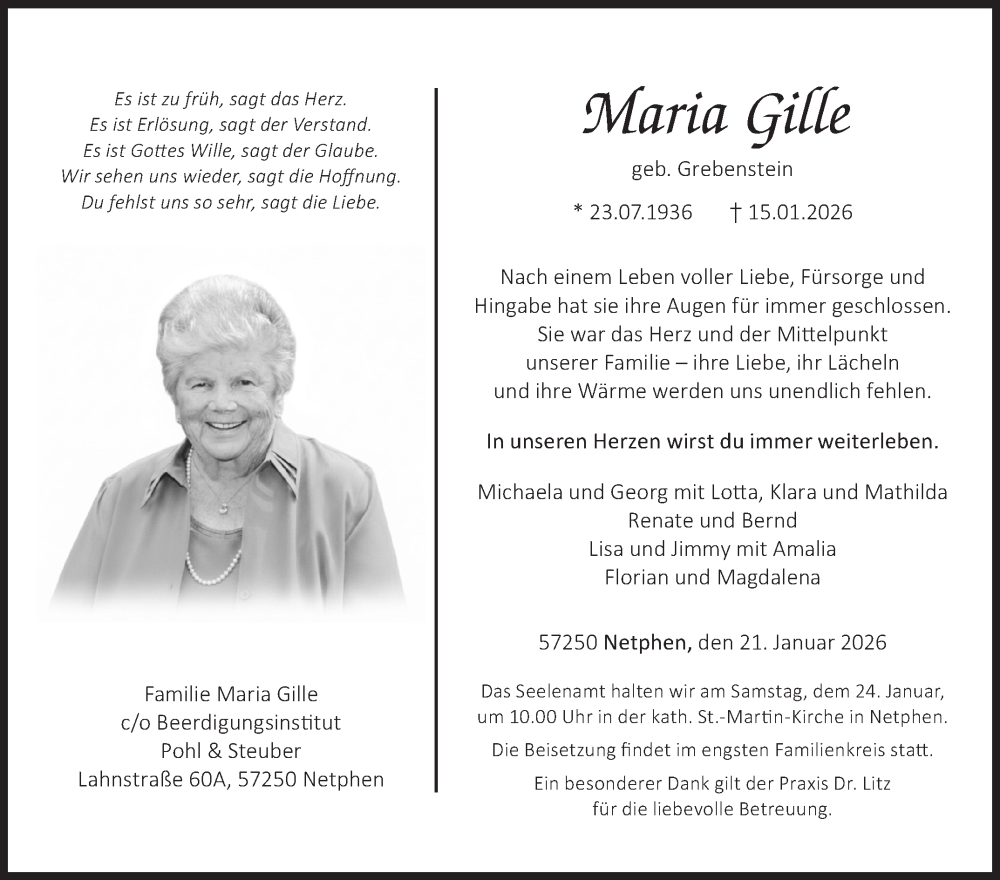  Traueranzeige für Maria Gille vom 21.01.2026 aus Siegener Zeitung