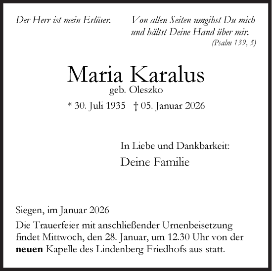 Traueranzeige von Maria Karalus von Siegener Zeitung