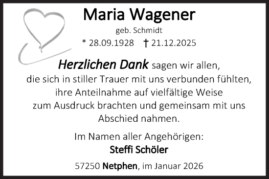 Traueranzeige von Maria Wagener von Siegener Zeitung