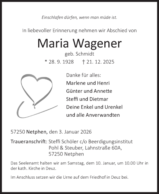 Traueranzeige von Maria Wagener von Siegener Zeitung