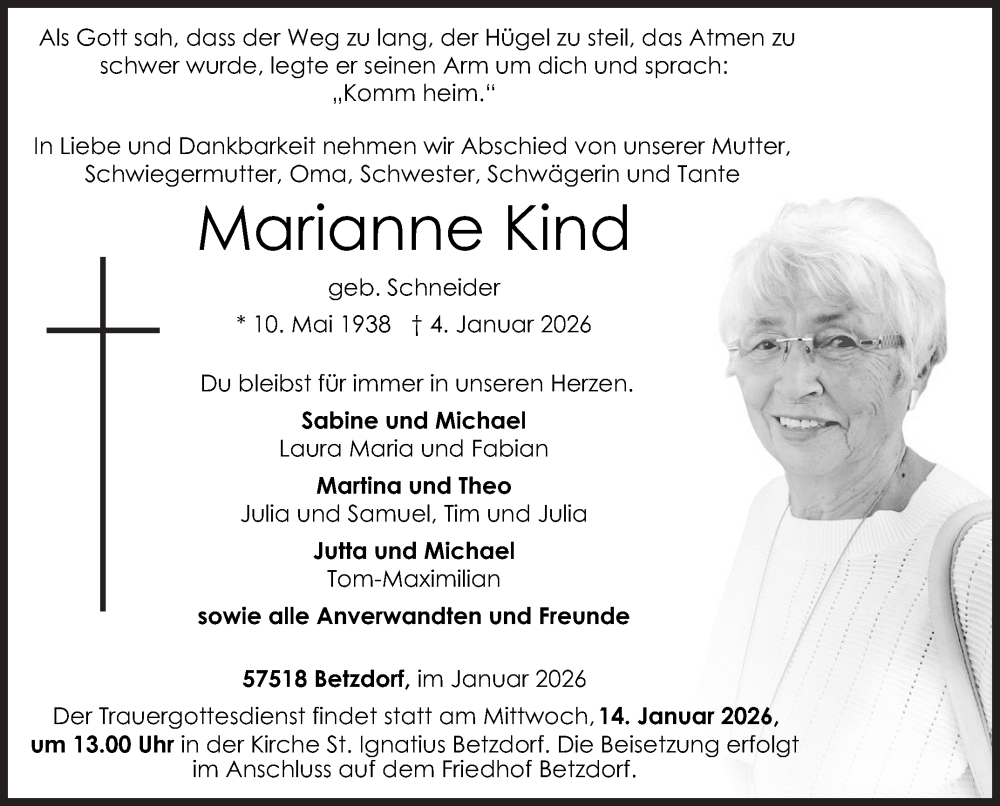  Traueranzeige für Marianne Kind vom 10.01.2026 aus Siegener Zeitung