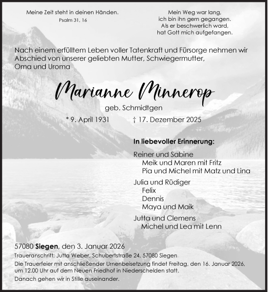 Traueranzeige von Marianne Minnerop von Siegener Zeitung