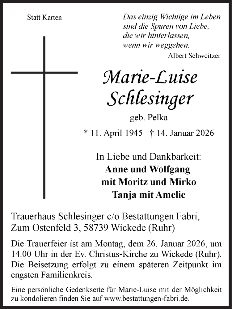  Traueranzeige für Marie-Luise Schlesinger vom 20.01.2026 aus Siegener Zeitung
